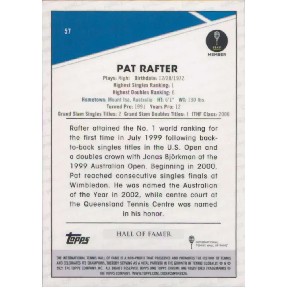 2021 Topps Chrome #57 Pat Rafter NM-MT Tennis Card - Tennis Card Single
