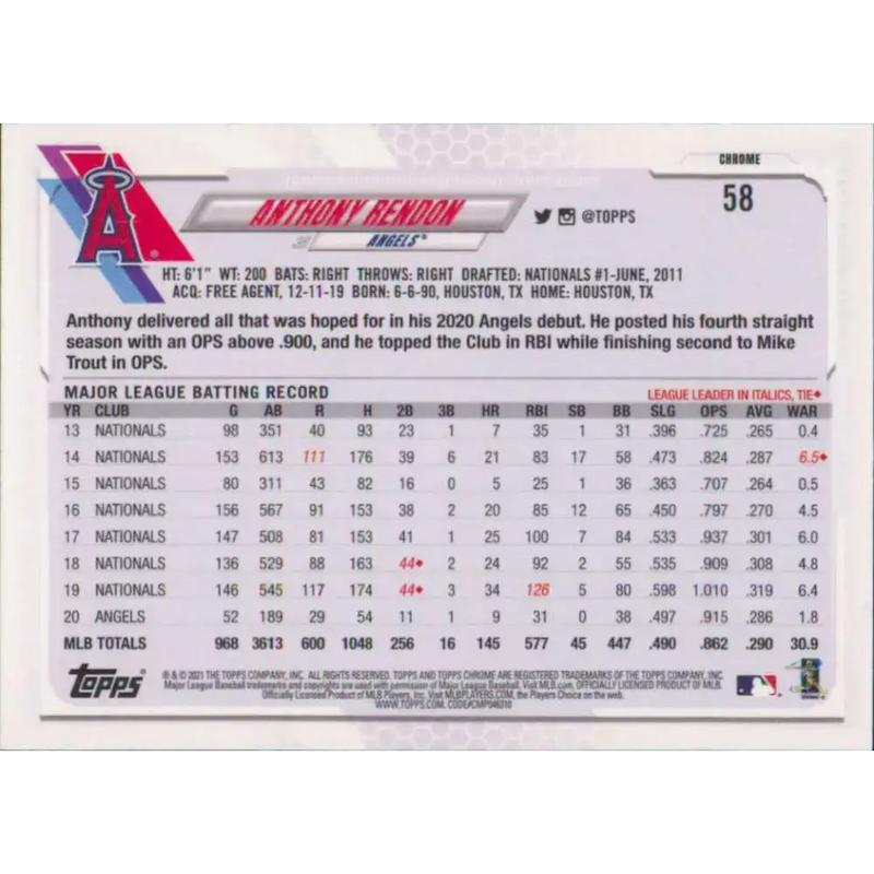 2021 Topps Chrome #58 Anthony Rendon NM-MT Los Angeles Angels Baseball Card - Baseball Card Single
