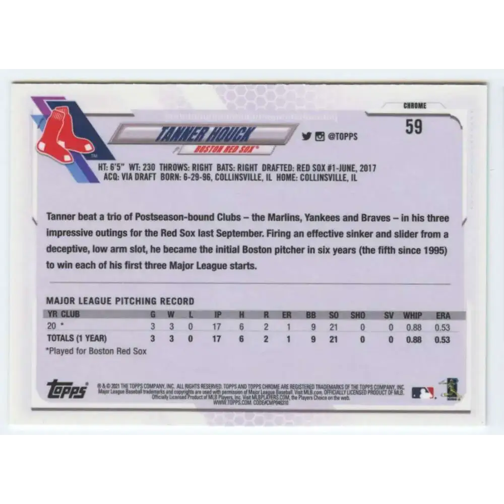 2021 Topps Chrome #59 Tanner Houck NM-MT RC Rookie Boston Red Sox Baseball Card - Baseball Card Single