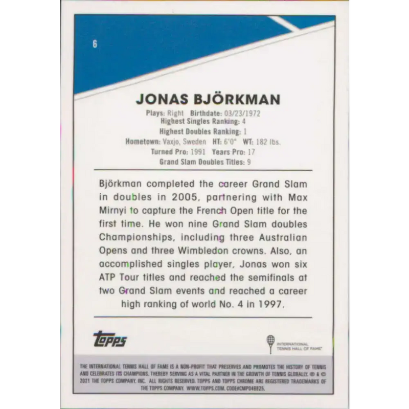 2021 Topps Chrome #6 Jonas Bjorkman NM-MT Tennis Card - Tennis Card Single