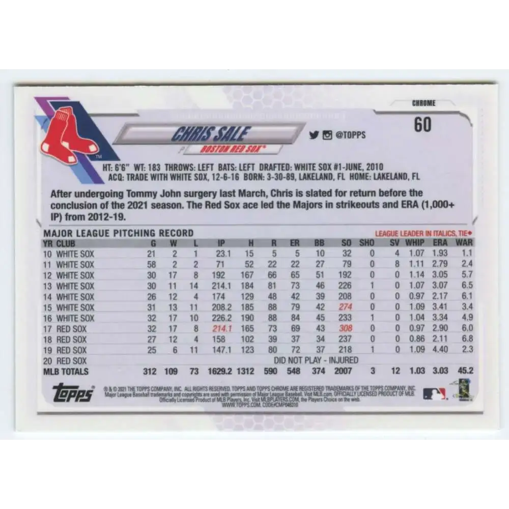 2021 Topps Chrome #60 Chris Sale NM-MT Boston Red Sox Baseball Card - Baseball Card Single