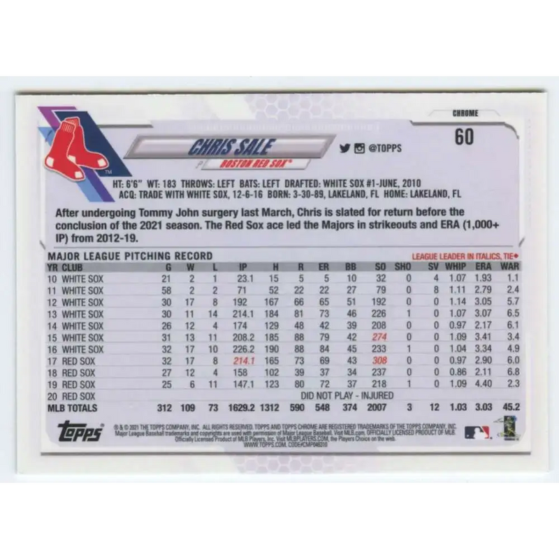 2021 Topps Chrome #60 Chris Sale NM-MT Boston Red Sox Baseball Card - Baseball Card Single