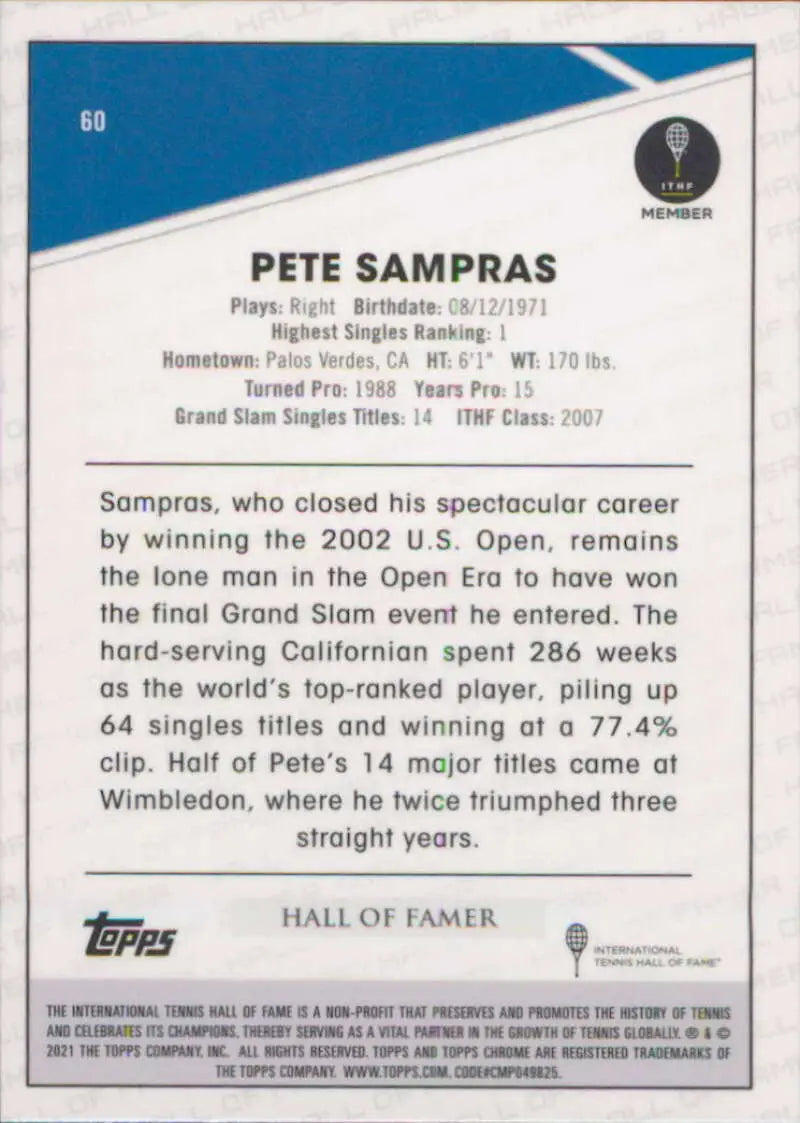 2021 Topps Chrome #60 Pete Sampras EX Excellent Tennis Card - Sports Memorabilia
