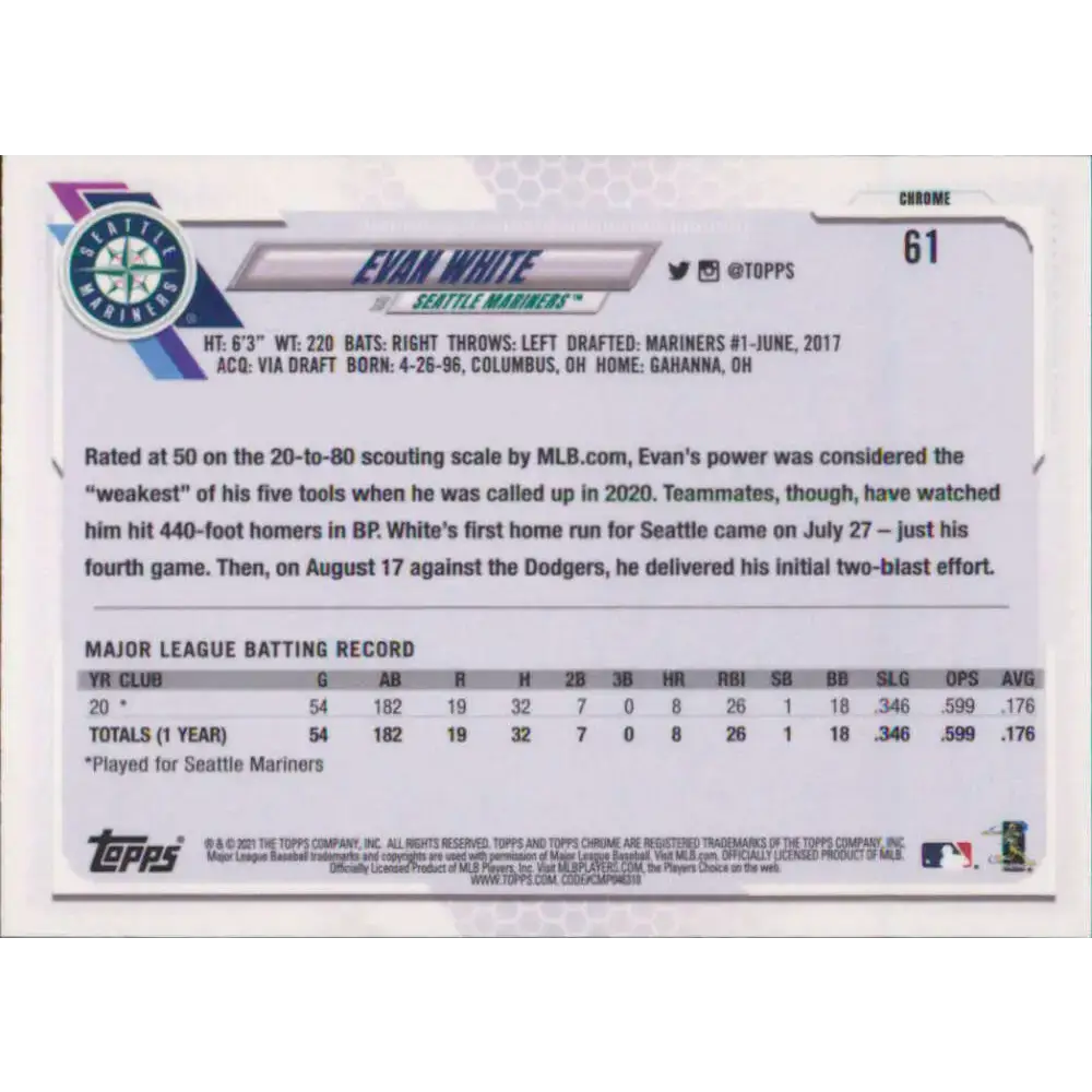 2021 Topps Chrome #61 Evan White NM-MT RC Rookie Seattle Mariners Baseball Card - Baseball Card Single