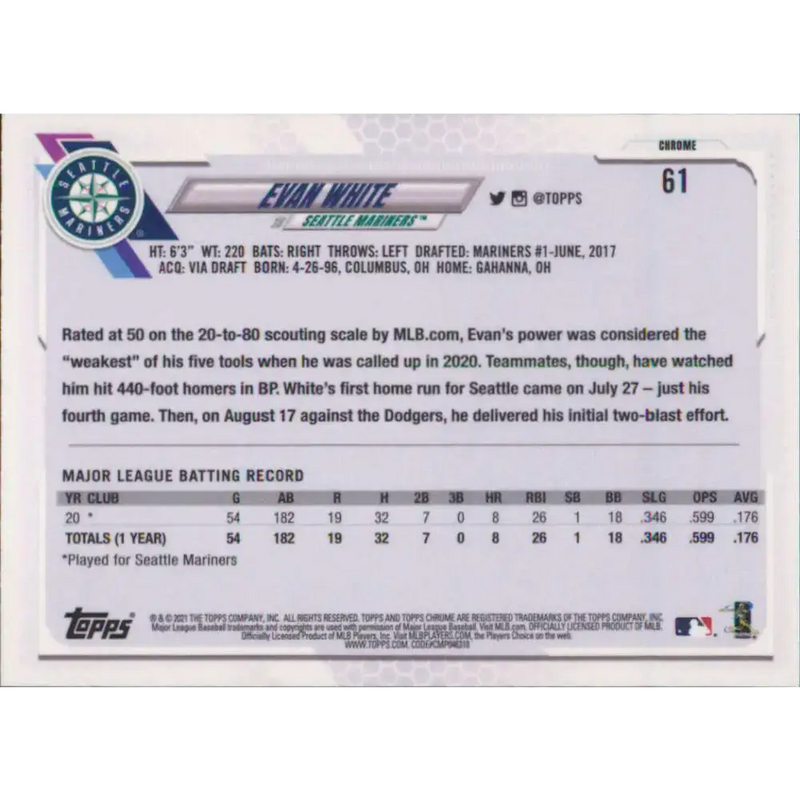 2021 Topps Chrome #61 Evan White NM-MT RC Rookie Seattle Mariners Baseball Card - Baseball Card Single
