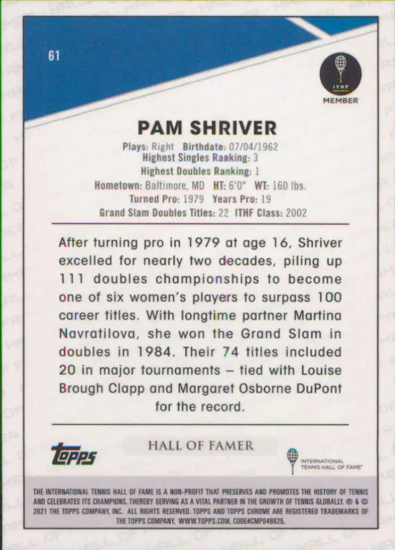 2021 Topps Chrome #61 Pam Shriver EX Excellent Tennis Card - Tennis Card Single