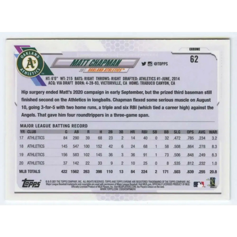 2021 Topps Chrome #62 Matt Chapman NM-MT Oakland Athletics Baseball Card - Baseball Card Single