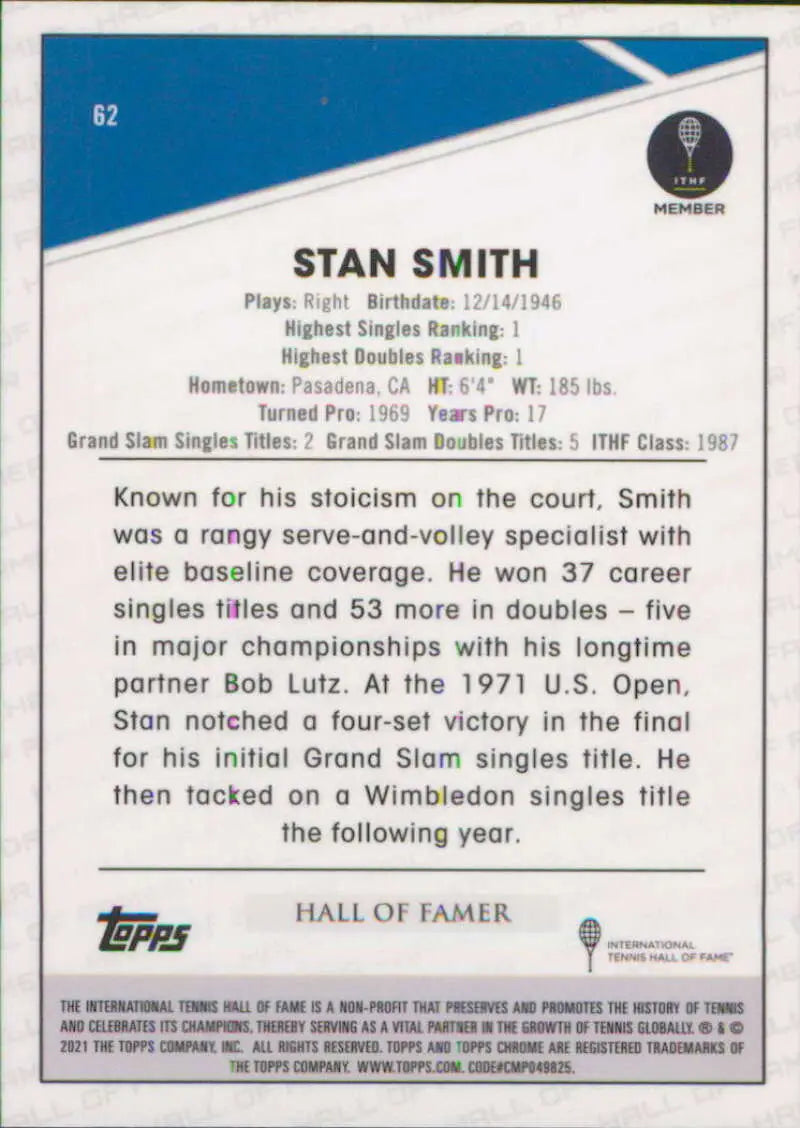 2021 Topps Chrome #62 Stan Smith EX Excellent Tennis Card - Other