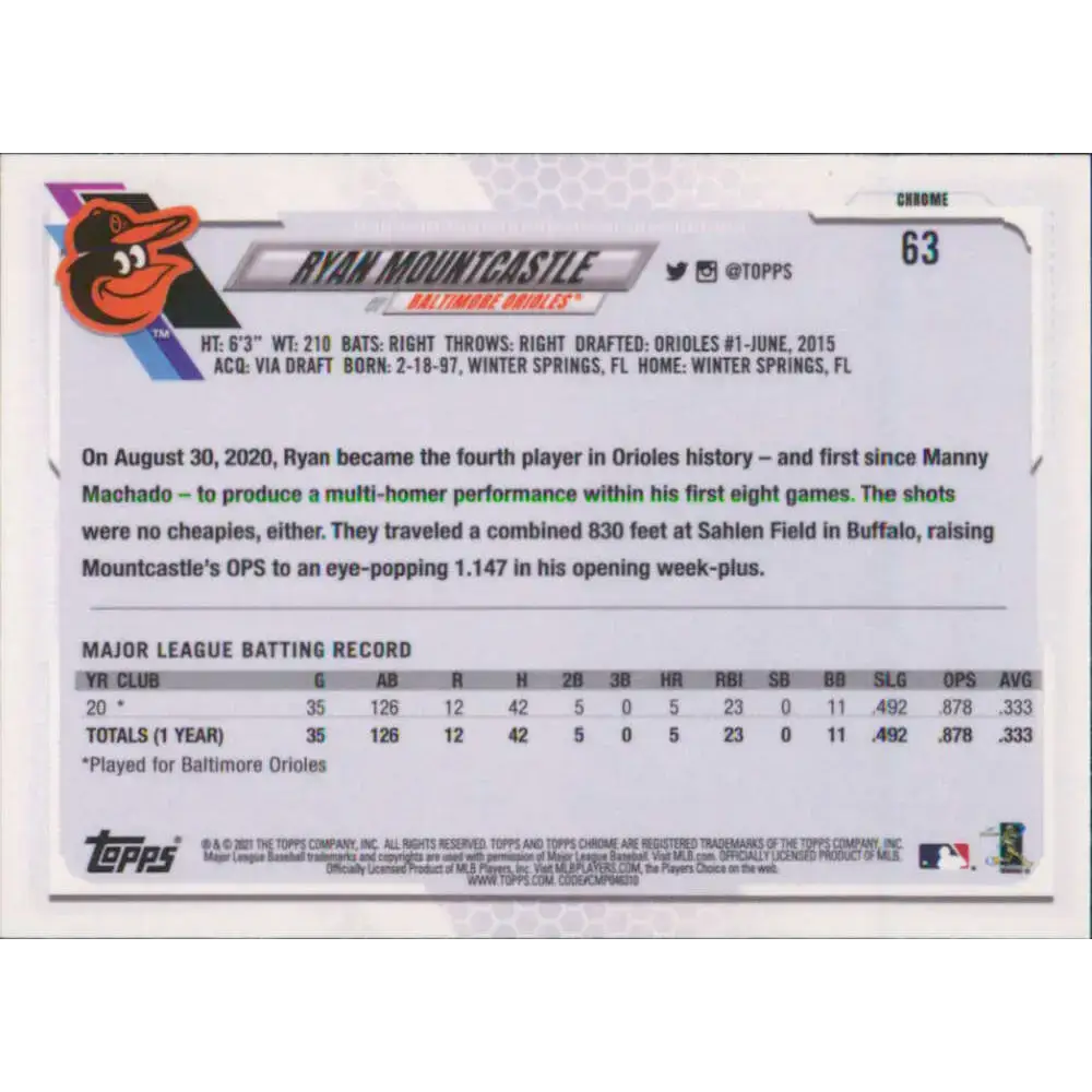 2021 Topps Chrome #63 Ryan Mountcastle NM-MT RC Rookie Baltimore Orioles Baseball Card - Baseball Card Single