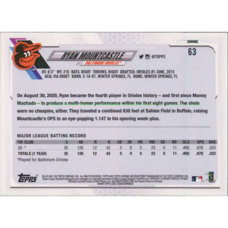 2021 Topps Chrome #63 Ryan Mountcastle NM-MT RC Rookie Baltimore Orioles Baseball Card - Baseball Card Single