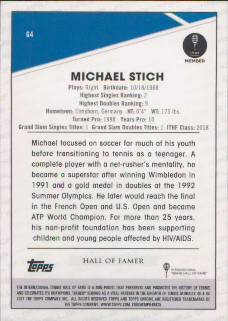 2021 Topps Chrome #64 Michael Stich EX Excellent Tennis Card - Other