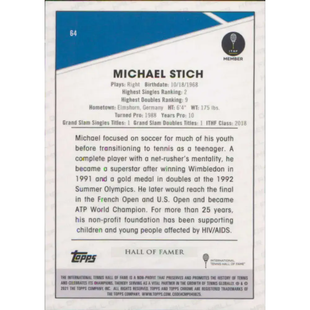 2021 Topps Chrome #64 Michael Stich NM-MT Tennis Card - Other
