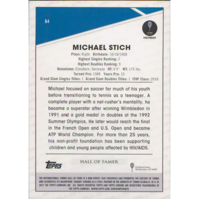 2021 Topps Chrome #64 Michael Stich NM-MT Tennis Card - Other