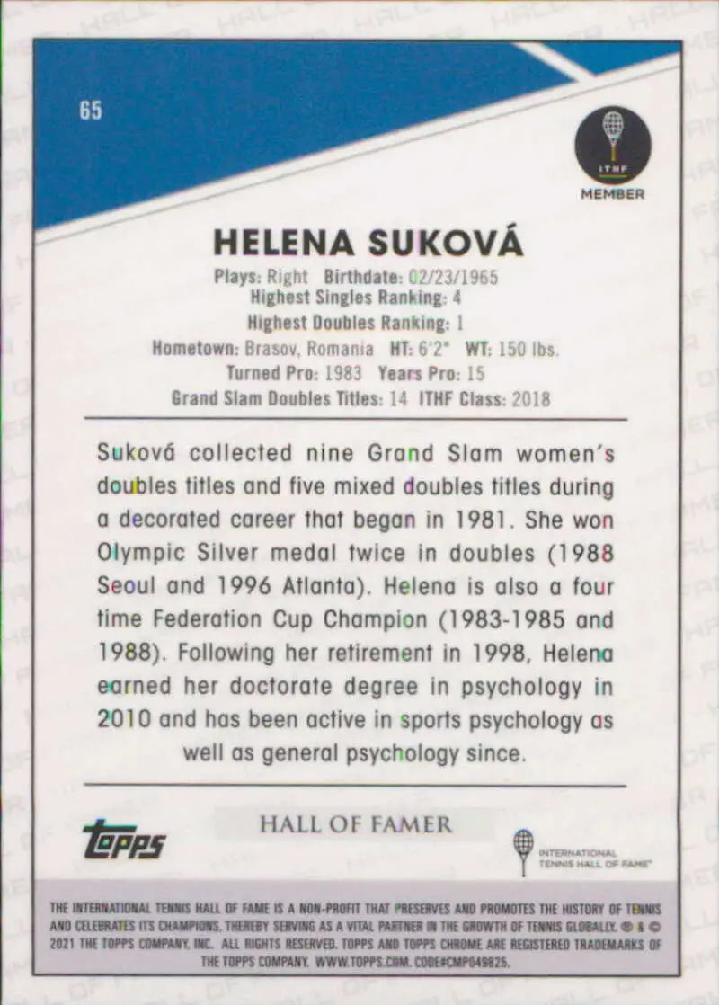 2021 Topps Chrome #65 Helena Sukova EX Excellent Tennis Card - Tennis Card Single