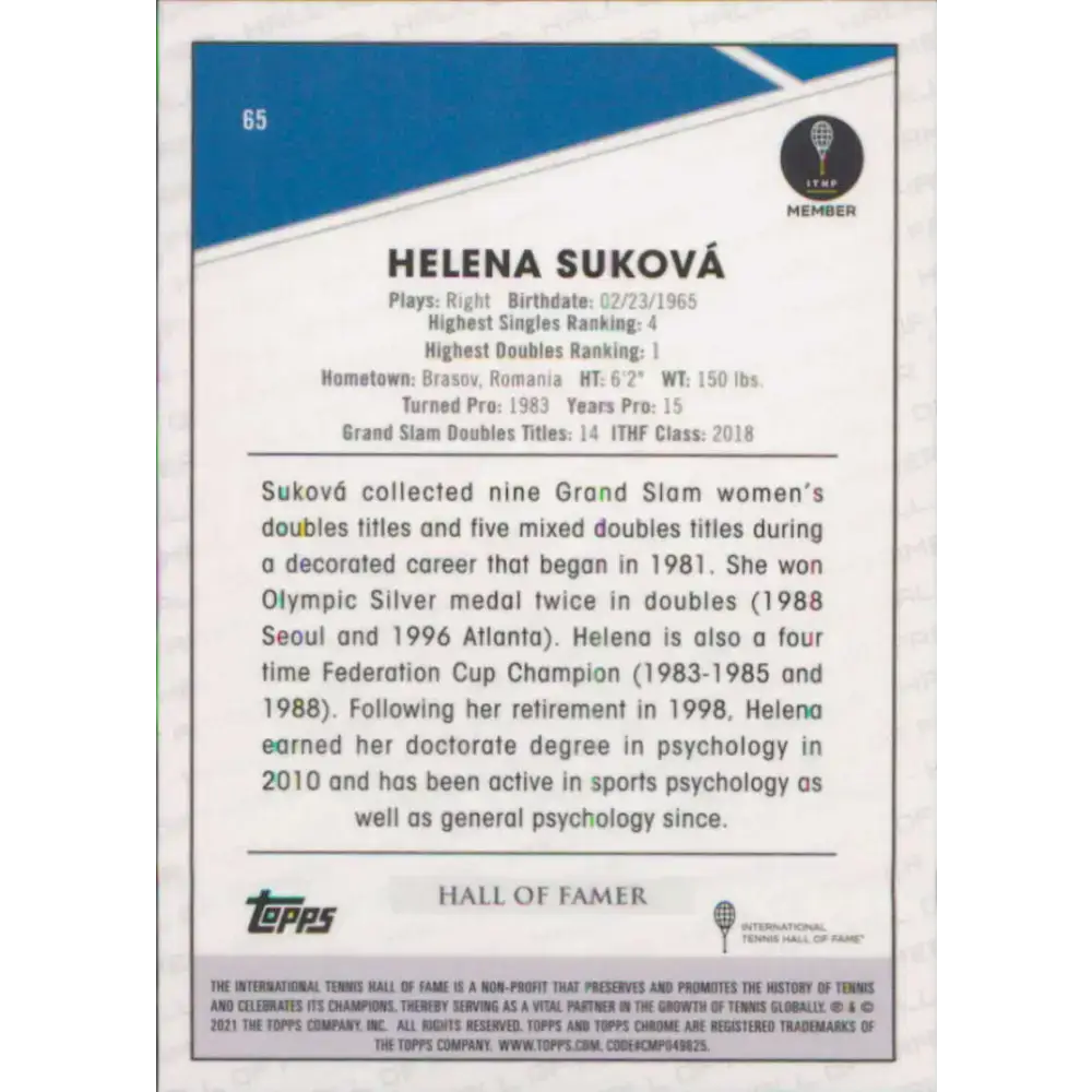 2021 Topps Chrome #65 Helena Sukova NM-MT Tennis Card - Other