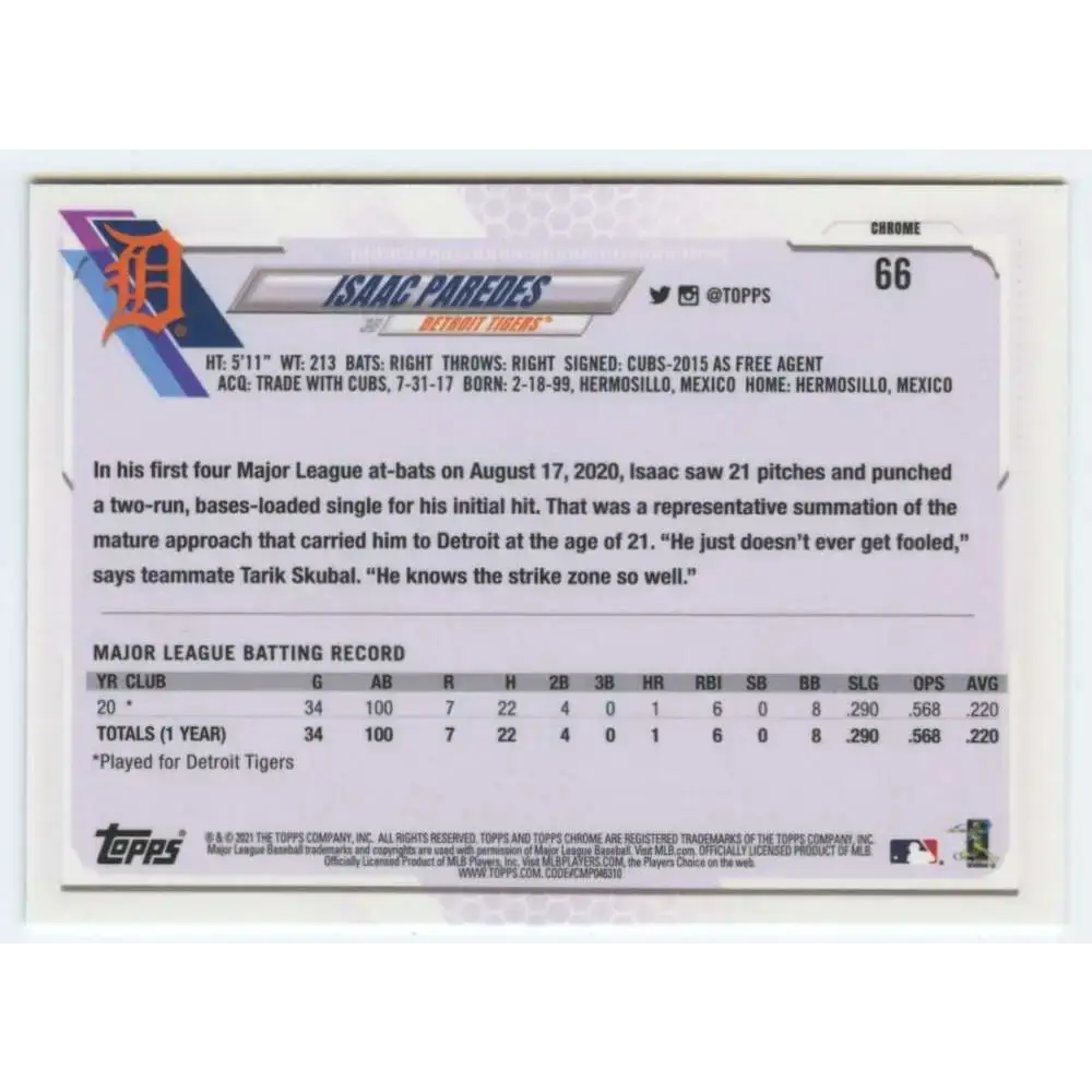 2021 Topps Chrome #66 Isaac Paredes NM-MT RC Rookie Detroit Tigers Baseball Card - Baseball Card Single
