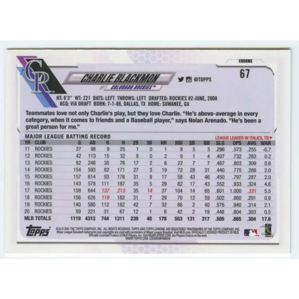 2021 Topps Chrome #67 Charlie Blackmon NM-MT Colorado Rockies Baseball Card - Baseball Card Single