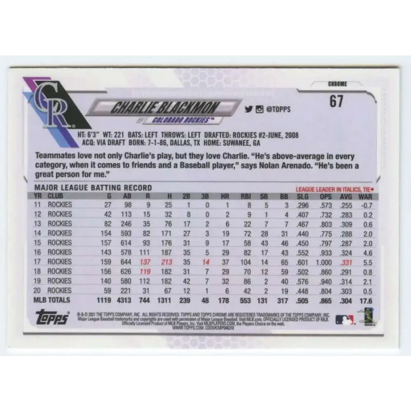 2021 Topps Chrome #67 Charlie Blackmon NM-MT Colorado Rockies Baseball Card - Baseball Card Single