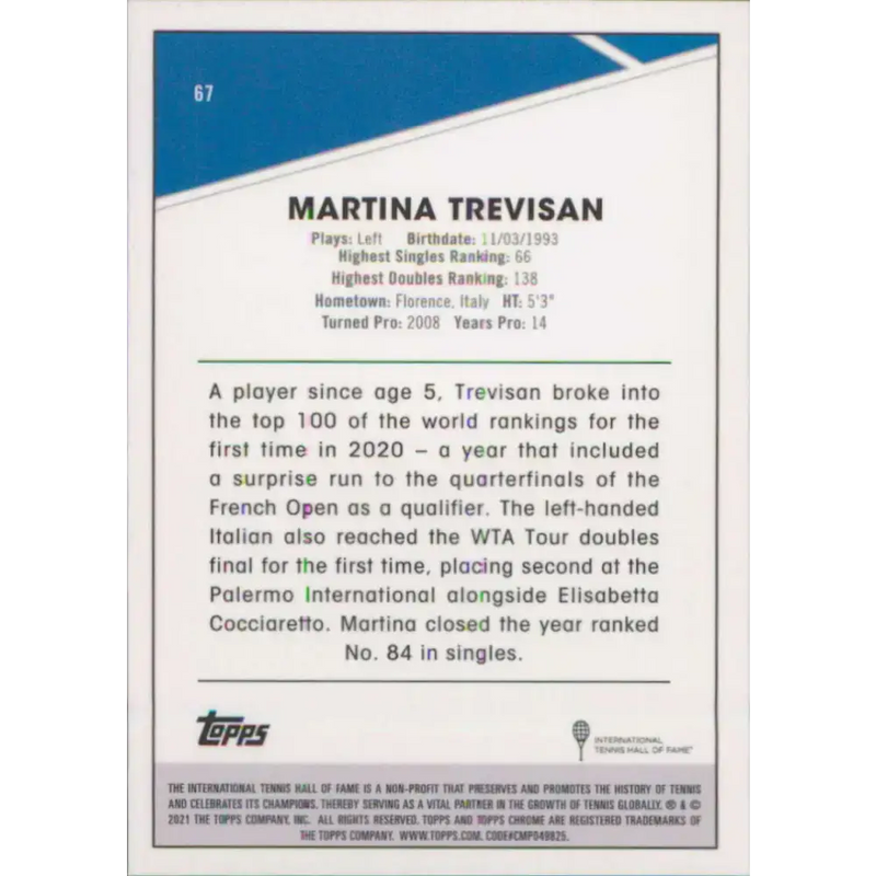 2021 Topps Chrome #67 Martina Trevisan NM-MT Tennis Card - Other
