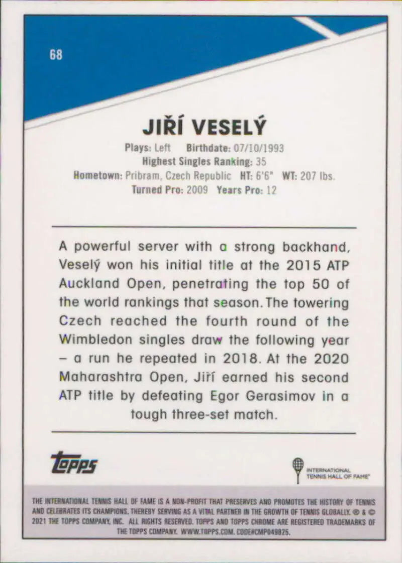 2021 Topps Chrome #68 Jiri Vesely EX Excellent Tennis Card - Tennis Card Single