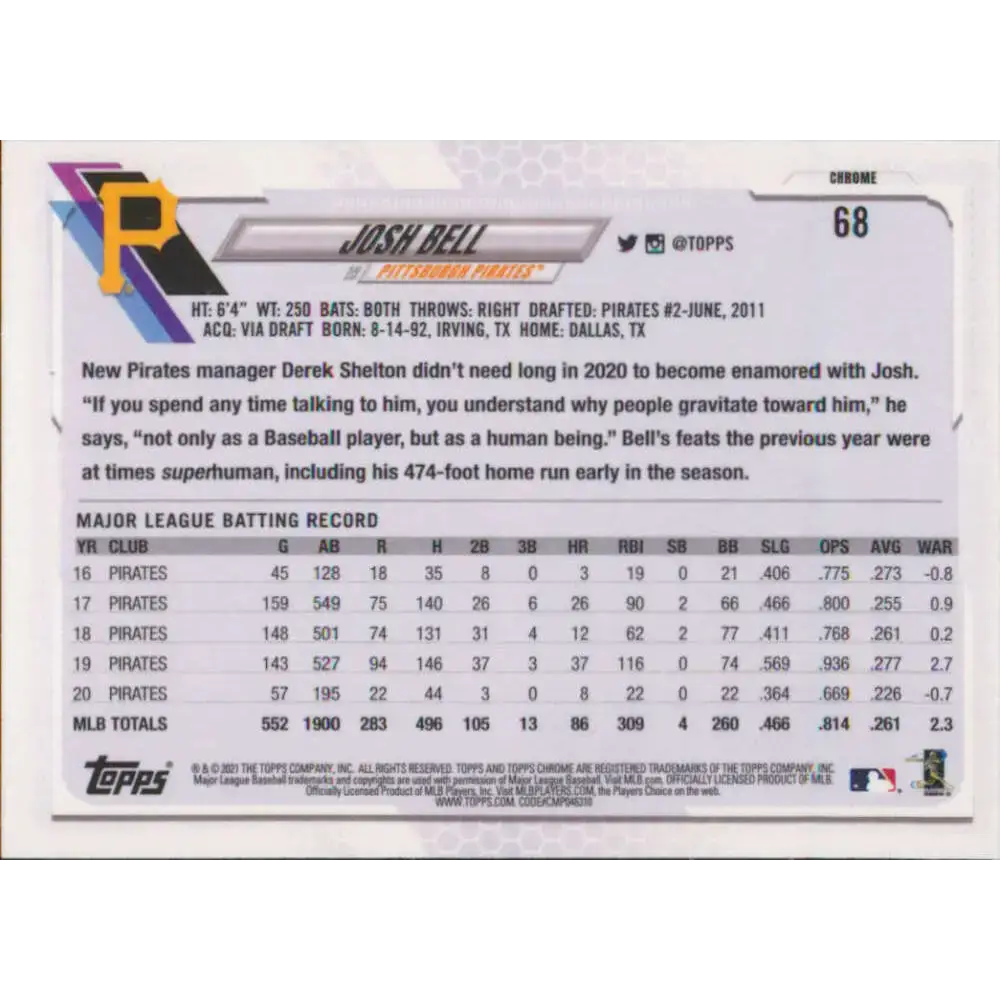 2021 Topps Chrome #68 Josh Bell NM-MT Pittsburgh Pirates Baseball Card - Baseball Card Single