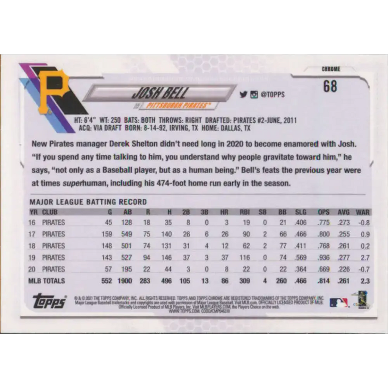2021 Topps Chrome #68 Josh Bell NM-MT Pittsburgh Pirates Baseball Card - Baseball Card Single