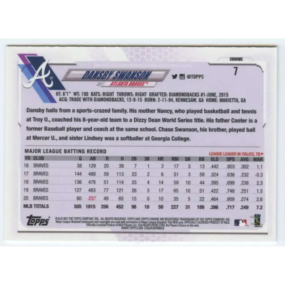 2021 Topps Chrome #7 Dansby Swanson NM-MT Atlanta Braves Baseball Card - Baseball Card Single