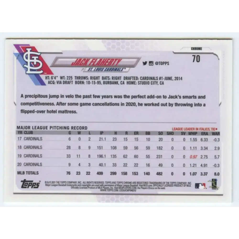 2021 Topps Chrome #70 Jack Flaherty NM-MT St. Louis Cardinals Baseball Card - Baseball Card Single