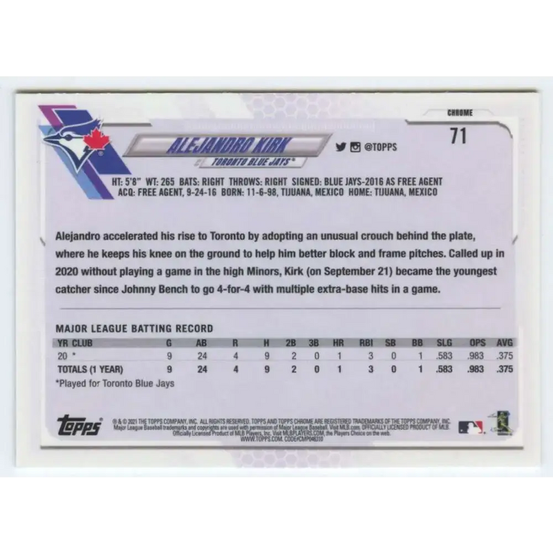 2021 Topps Chrome #71 Alejandro Kirk NM-MT RC Rookie Toronto Blue Jays Baseball Card - Baseball Card Single