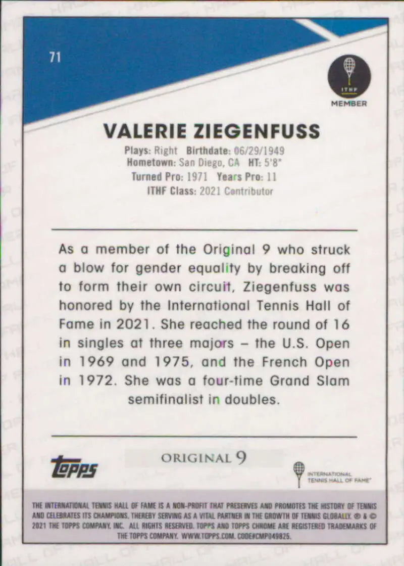2021 Topps Chrome #71 Valerie Ziegenfuss EX Excellent Tennis Card - Other