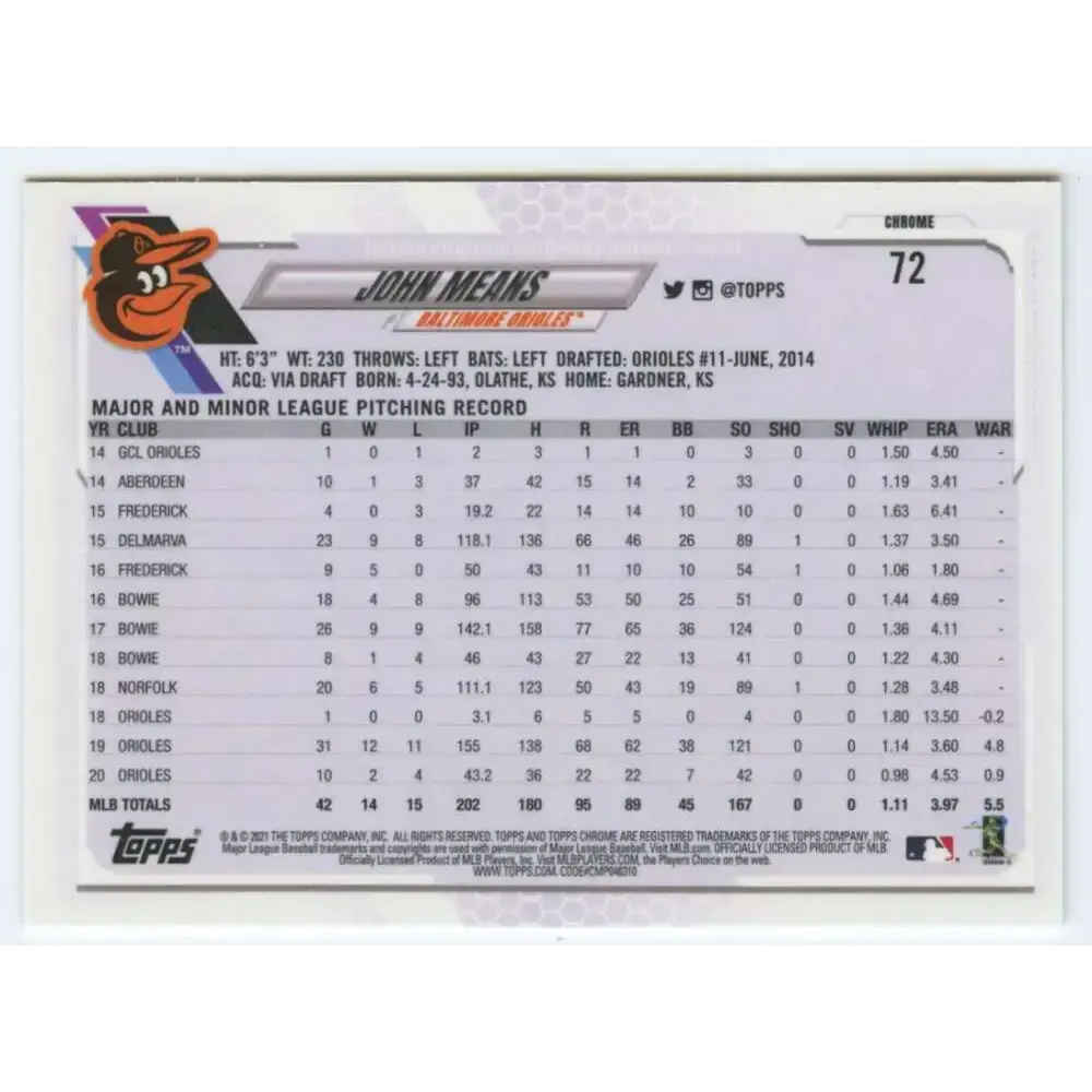 2021 Topps Chrome #72 John Means NM-MT Baltimore Orioles Baseball Card - Baseball Card Single