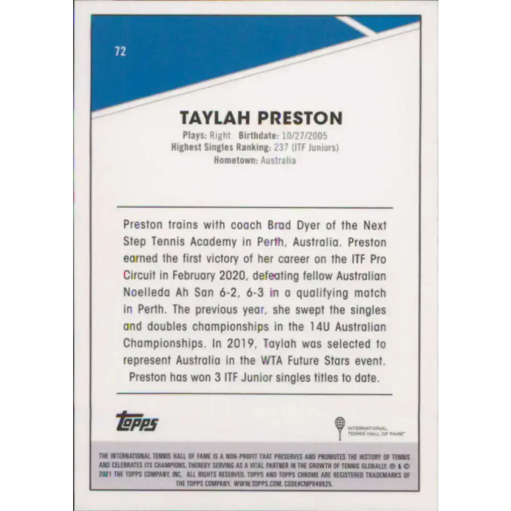 2021 Topps Chrome #72 Taylah Preston NM-MT Tennis Card - Other
