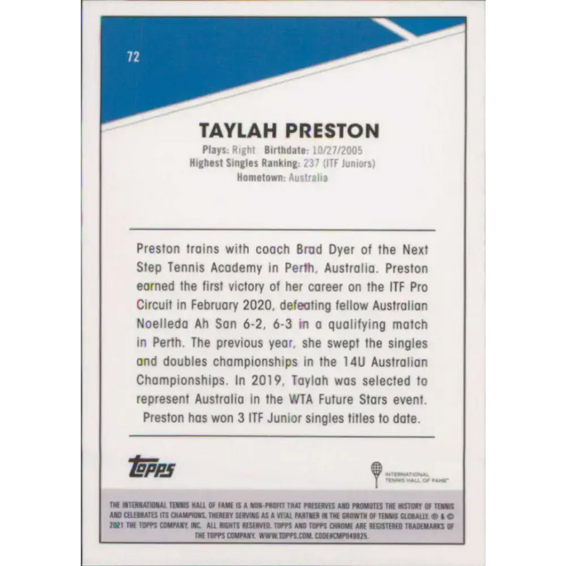 2021 Topps Chrome #72 Taylah Preston NM-MT Tennis Card - Other
