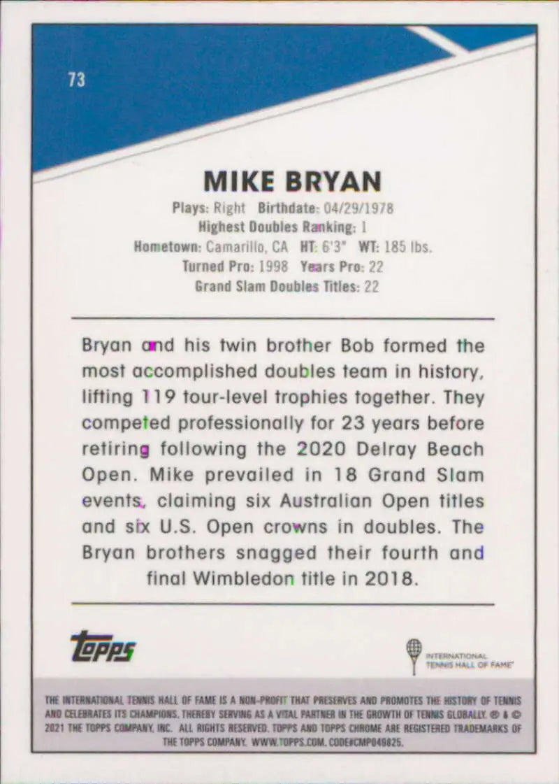 2021 Topps Chrome #73 Mike Bryan EX Excellent Tennis Card - Other
