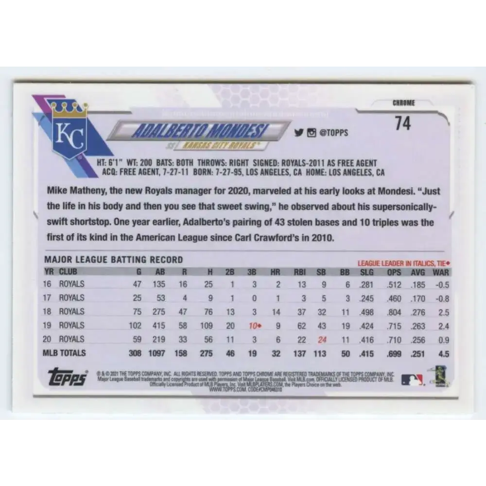 2021 Topps Chrome #74 Adalberto Mondesi NM-MT Kansas City Royals Baseball Card - Baseball Card Single