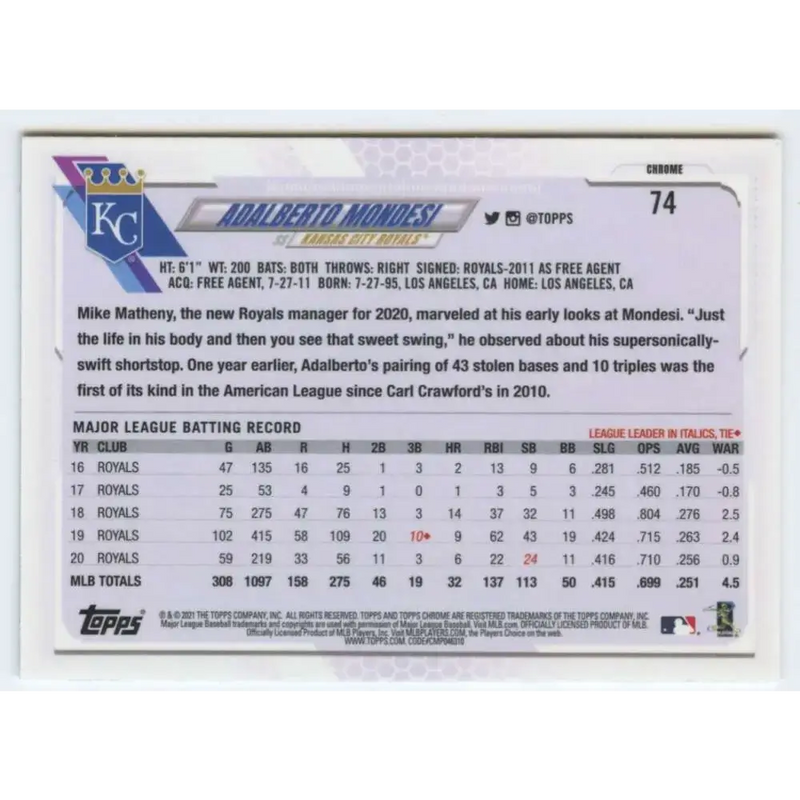 2021 Topps Chrome #74 Adalberto Mondesi NM-MT Kansas City Royals Baseball Card - Baseball Card Single
