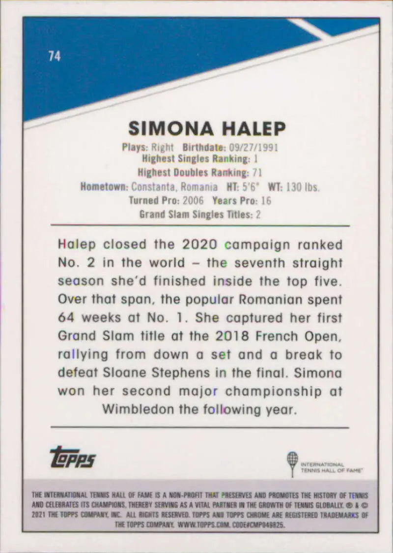 2021 Topps Chrome #74 Simona Halep EX Excellent Tennis Card - Other