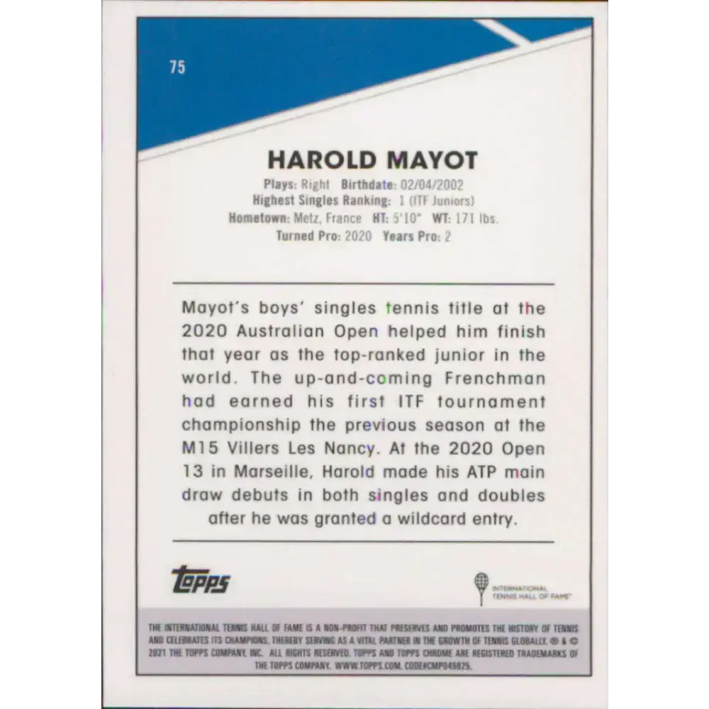 2021 Topps Chrome #75 Harold Mayot NM-MT Tennis Card - Other