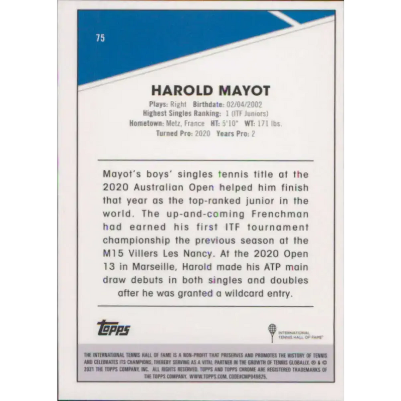 2021 Topps Chrome #75 Harold Mayot NM-MT Tennis Card - Other