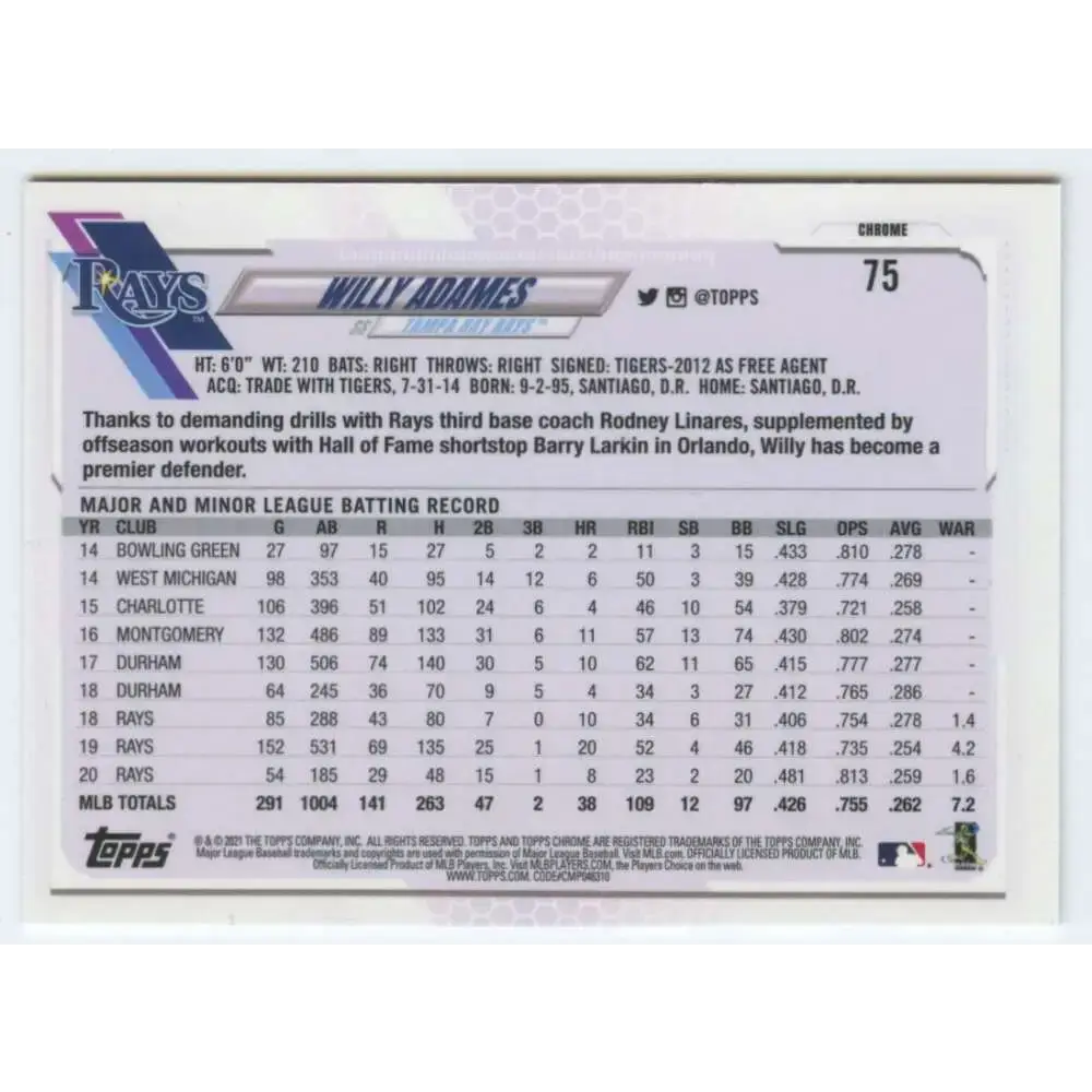 2021 Topps Chrome #75 Willy Adames NM-MT Tampa Bay Rays Baseball Card - Baseball Card Single