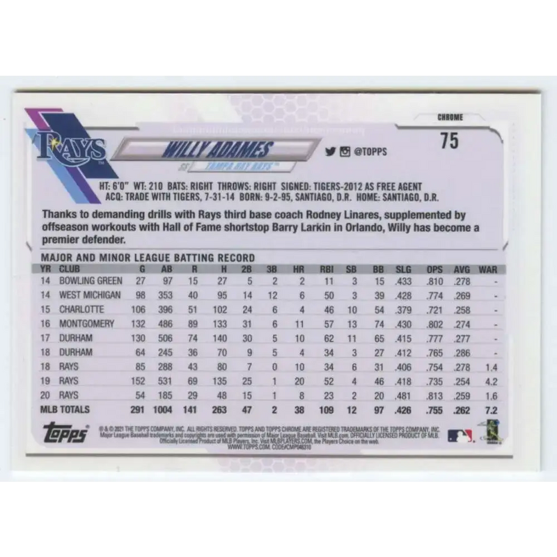 2021 Topps Chrome #75 Willy Adames NM-MT Tampa Bay Rays Baseball Card - Baseball Card Single