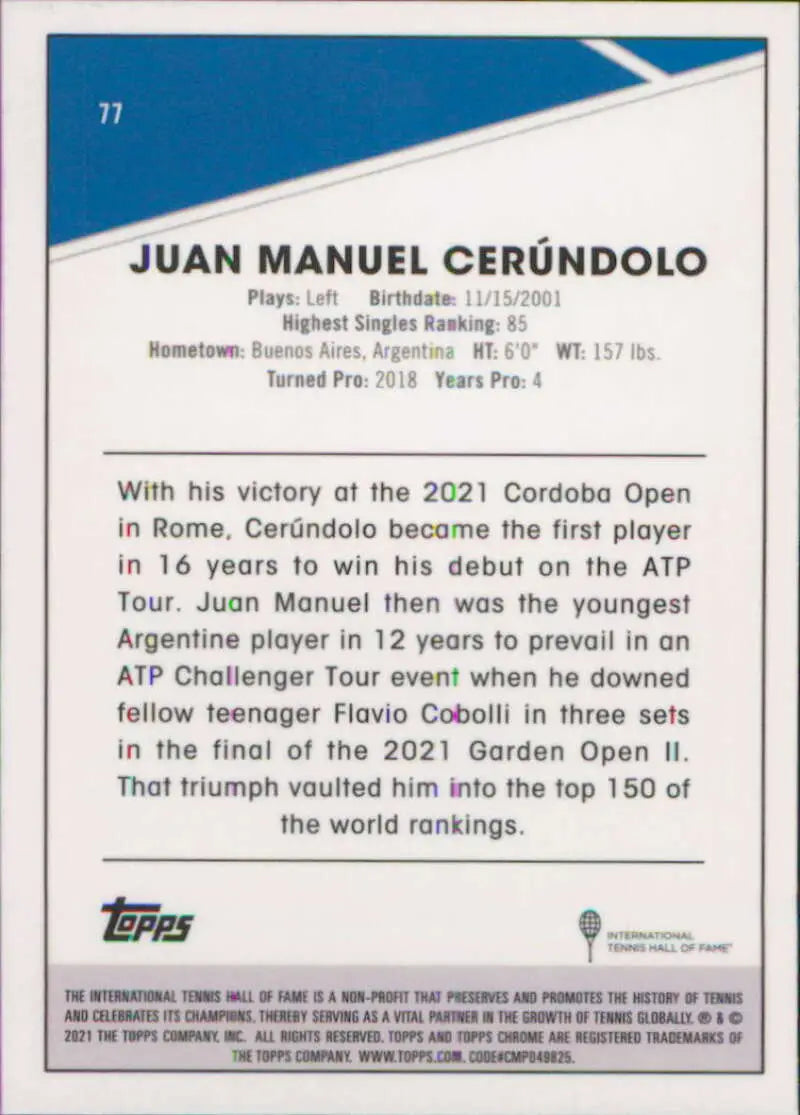 2021 Topps Chrome #77 Juan Manuel Cerundolo EX Excellent Tennis Card - Other