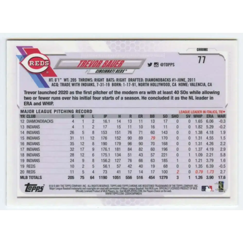 2021 Topps Chrome #77 Trevor Bauer NM-MT Cincinnati Reds Baseball Card - Baseball Card Single
