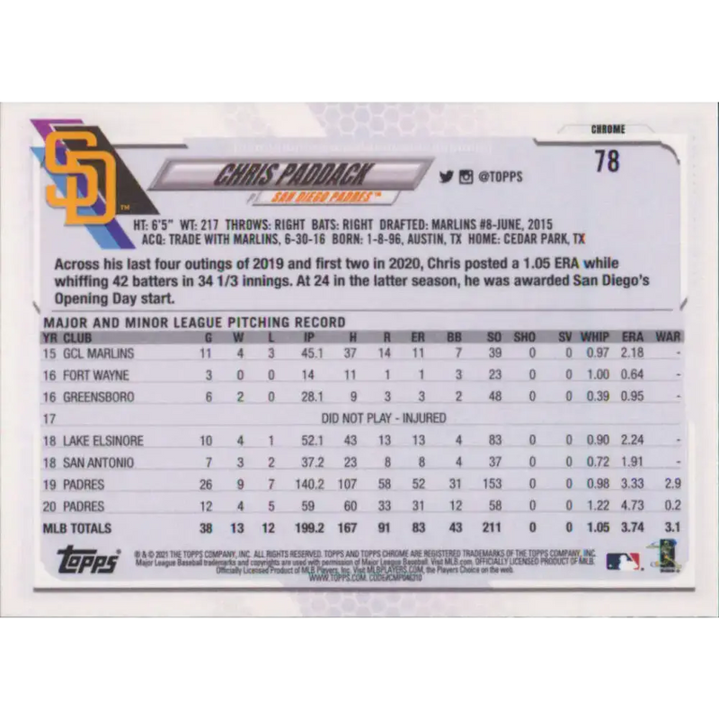 2021 Topps Chrome #78 Chris Paddack NM-MT San Diego Padres Baseball Card - Baseball Card Single