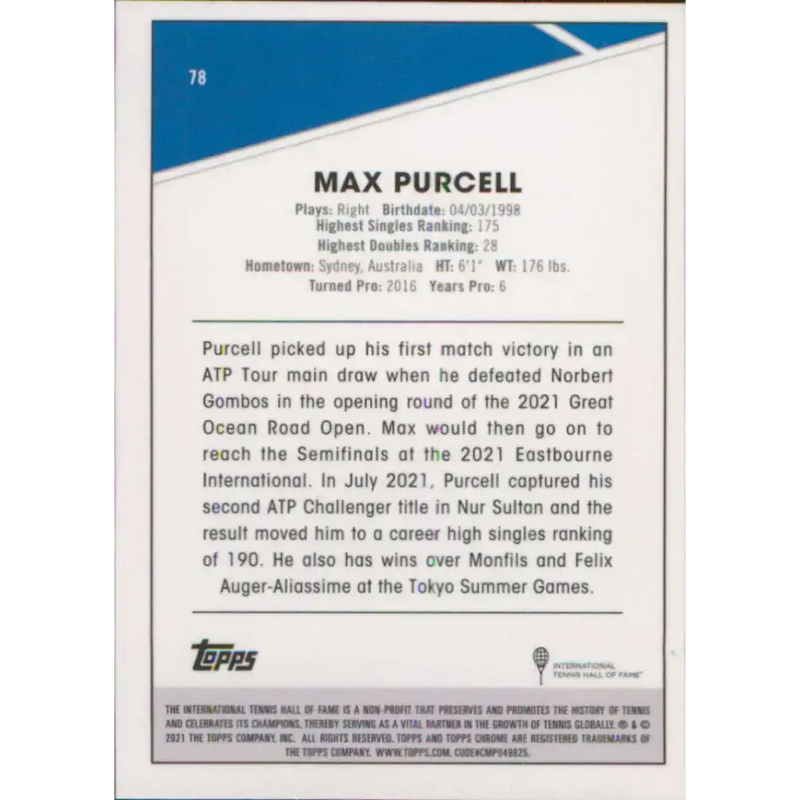 2021 Topps Chrome #78 Max Purcell NM-MT Tennis Card - Other