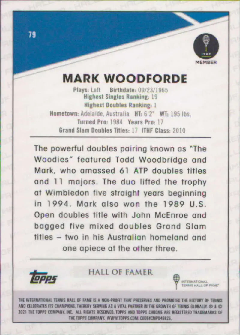 2021 Topps Chrome #79 Mark Woodforde EX Excellent Tennis Card - Tennis Card Single