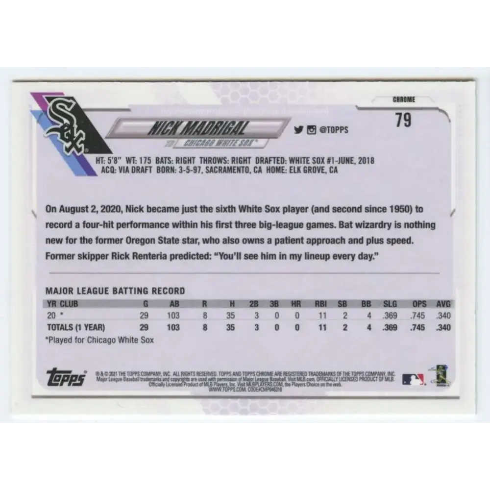 2021 Topps Chrome #79 Nick Madrigal NM-MT RC Rookie Chicago White Sox Baseball Card - Baseball Card Single