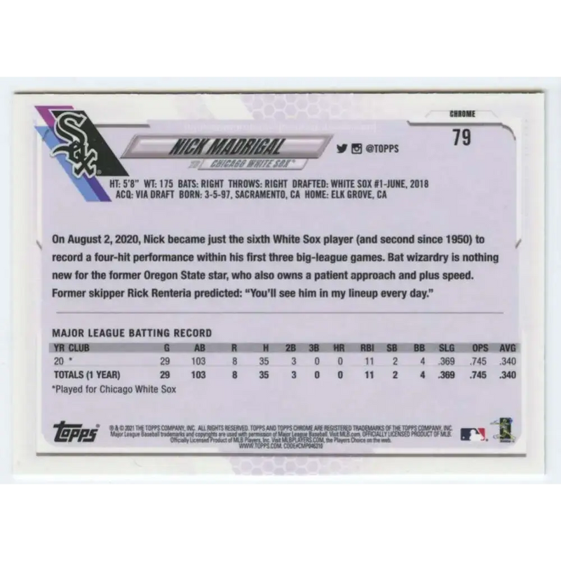 2021 Topps Chrome #79 Nick Madrigal NM-MT RC Rookie Chicago White Sox Baseball Card - Baseball Card Single