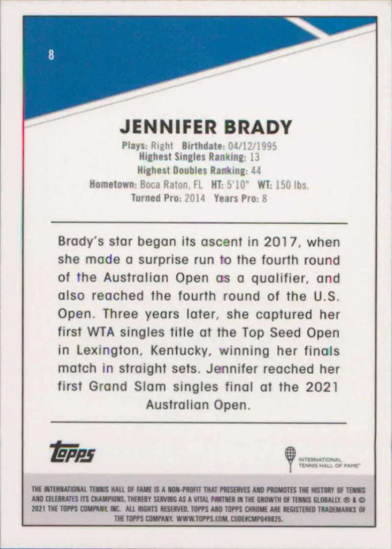 2021 Topps Chrome #8 Jennifer Brady EX Excellent Tennis Card - Other