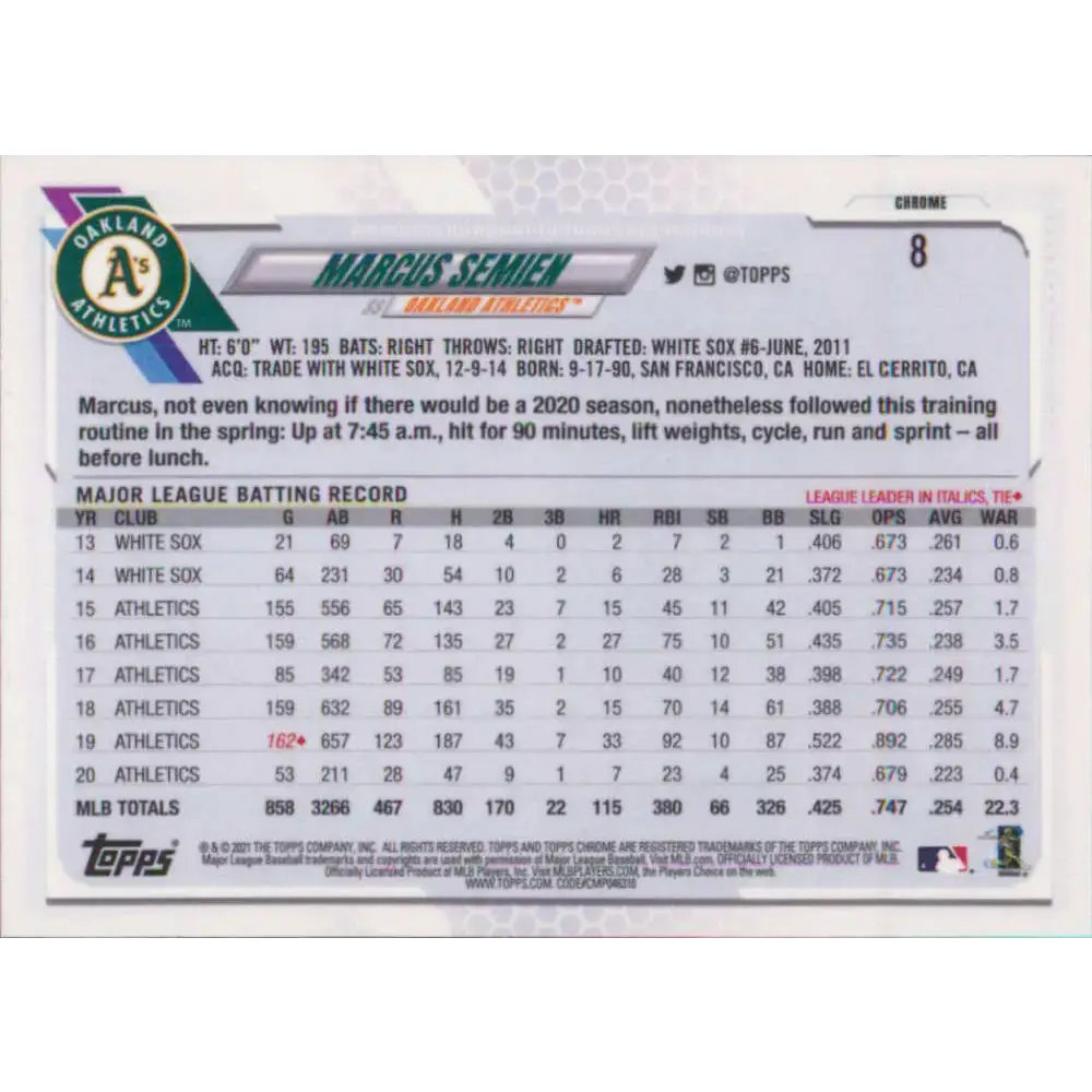 2021 Topps Chrome #8 Marcus Semien NM-MT Oakland Athletics Baseball Card - Baseball Card Single